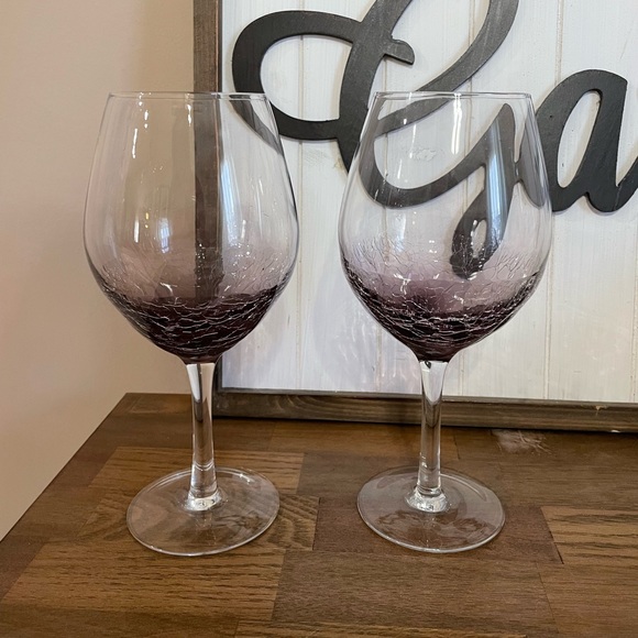 Pier 1 Amethyst Purple Crackle Bottom Balloon Wine Glasses- 8 3/4” Tall Set of 2